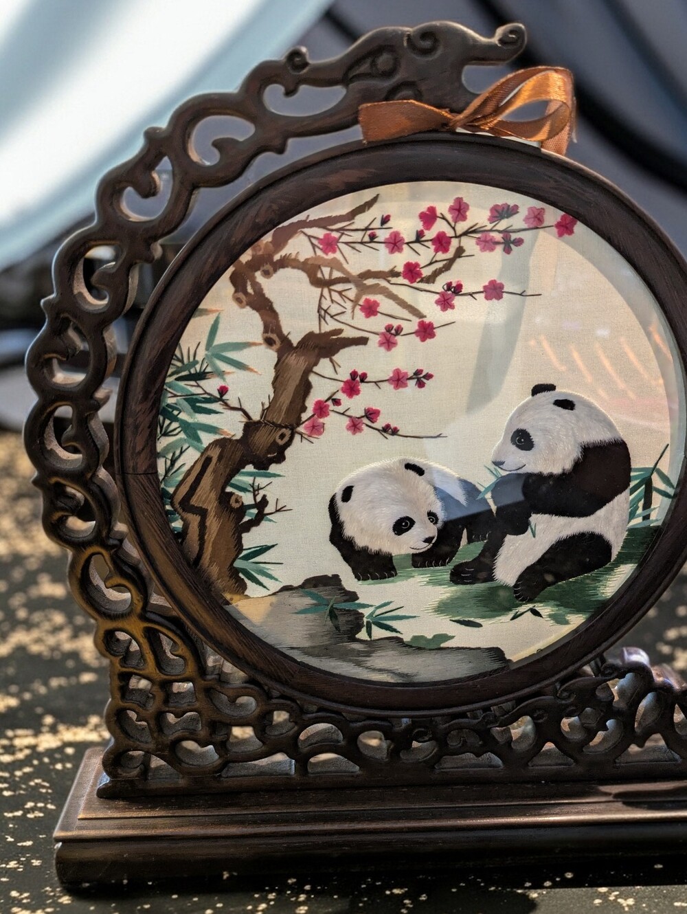 Embroidered Panda Scene in Round Wooden Frame